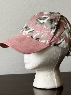 INC Women's Pink Floral Baseball Cap with Pink Vegan Suede Bill- Casual Sun Hat